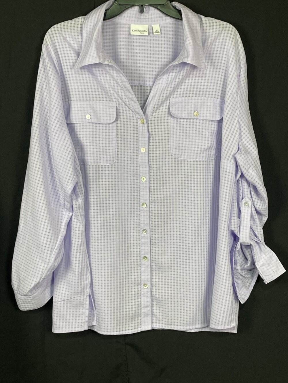 Kim Rogers Curvy LavenderButton-Up Blouse Long Sleeve Semi Sheer roll tab sleeve